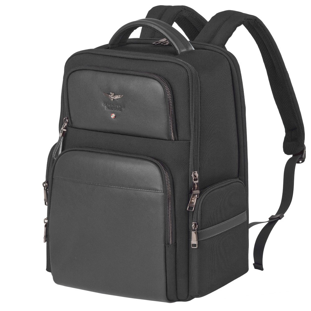 Aeronautica Militare AM-534 Τσάντα Πλάτης Backpack Δέρμα με Ύφασμα Μαύρη Bags