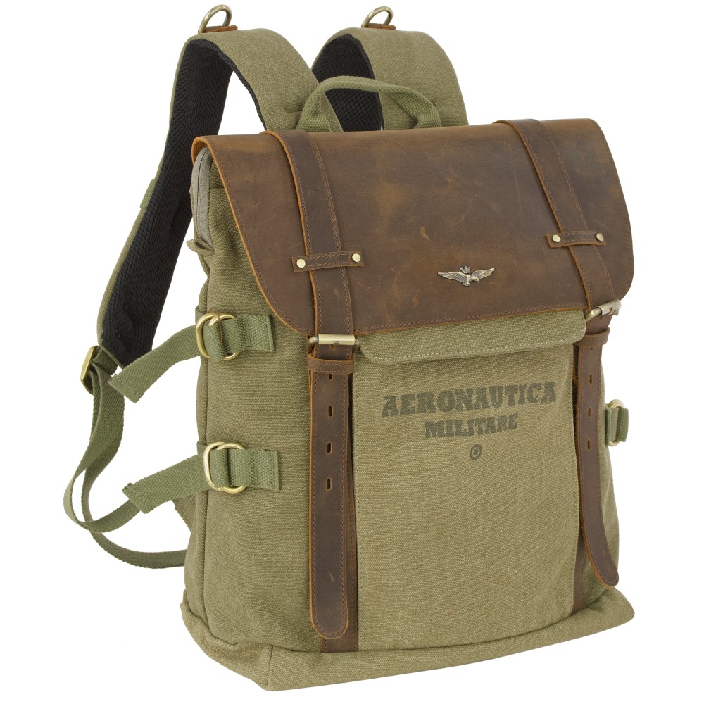 Aeronautica Militare AM-613 Backpack Τσάντα Πλάτης από Καμβά με Δέρμα Χακί Τσάντες