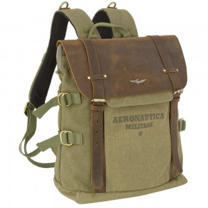 Aeronautica Militare AM-613 Backpack Τσάντα Πλάτης από Καμβά με Δέρμα Χακί Τσάντες