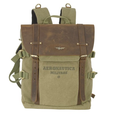 Aeronautica Militare AM-613 Backpack Τσάντα Πλάτης από Καμβά με Δέρμα Χακί