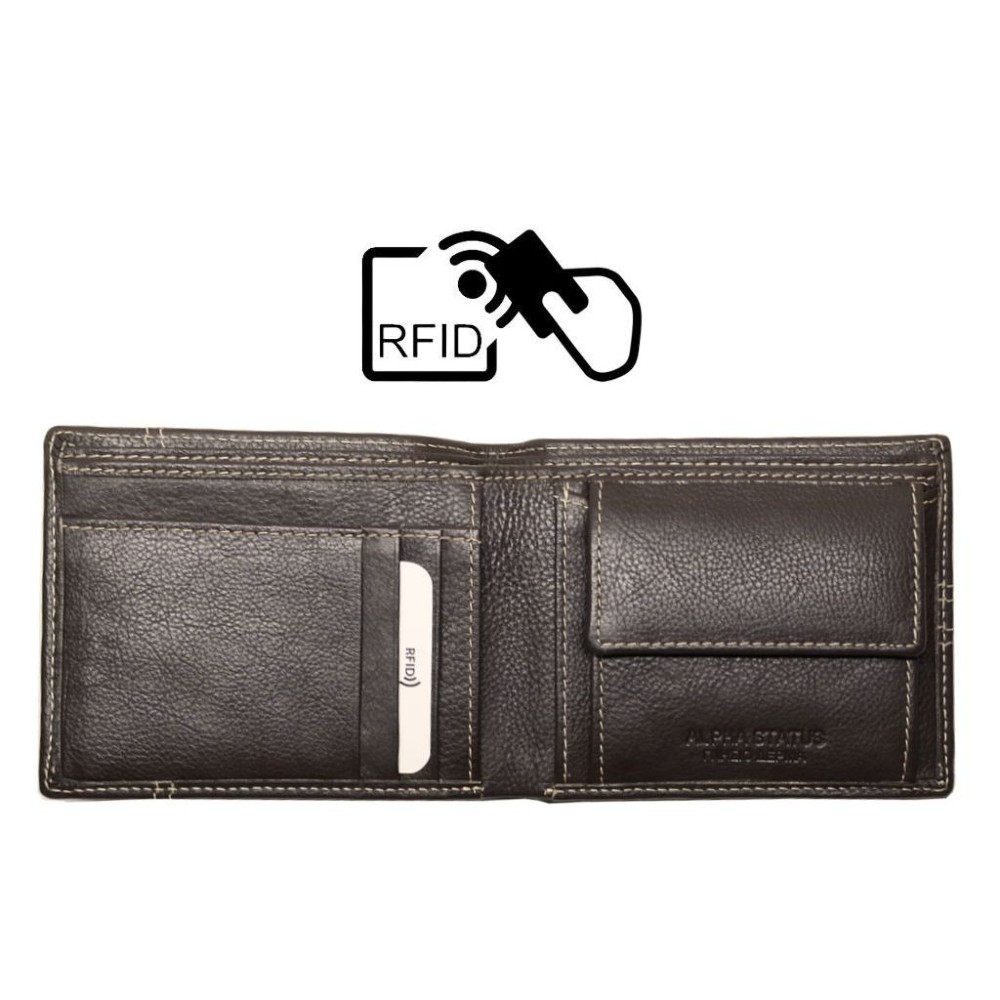 ALPHA STATUS 10115-0 RFID Δερμάτινο Ανδρικό Πορτοφόλι Καφέ Πορτοφόλια