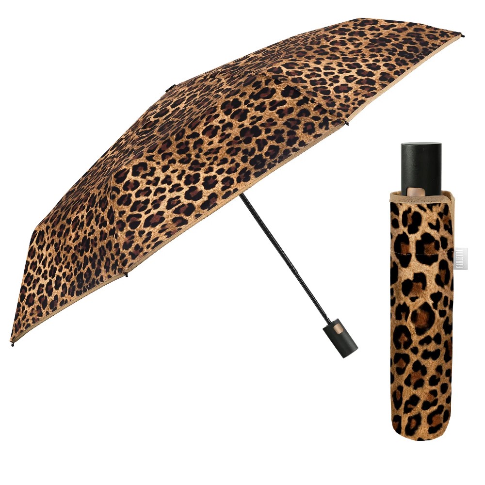 PERLETTI 26495 Automatic Windproof Folding Rain Umbrella Brown Leopard Accessories