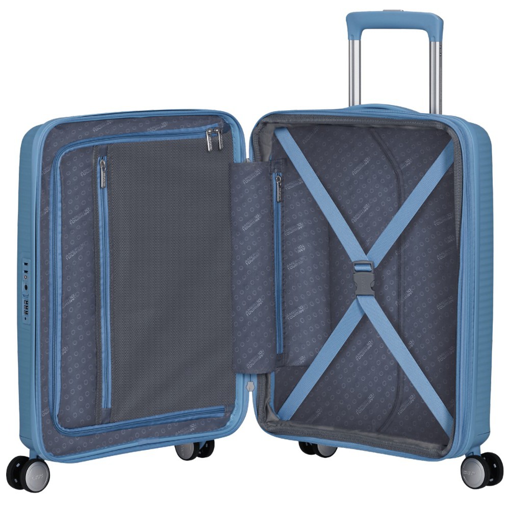 American Tourister Soundbox Spinner Expandable Βαλίτσα Καμπίνας 55cm 88472-A255 Γαλάζια Είδη ταξιδιού
